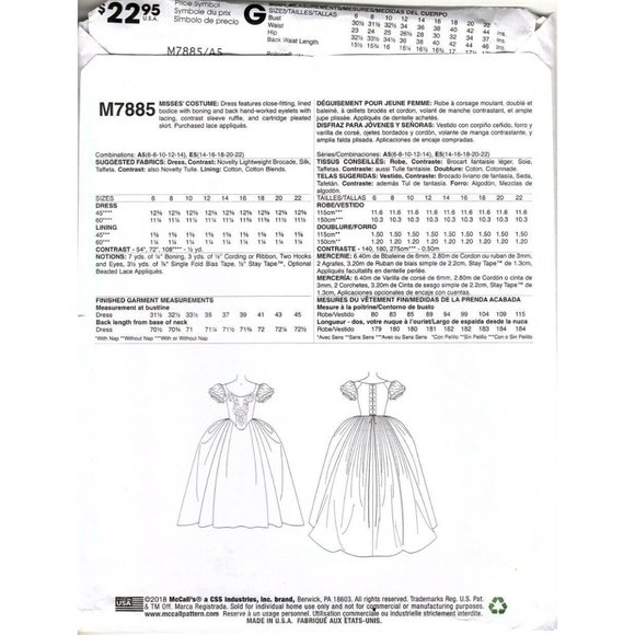 McCalls M7885 Misses 6 to 14 Historical Costume Renaissance Dress Pattern New - Picture 2 of 2
